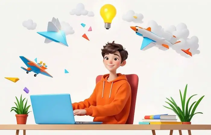 Creative Business Startup Thinking Boy with Laptop 3D Character Illustration image